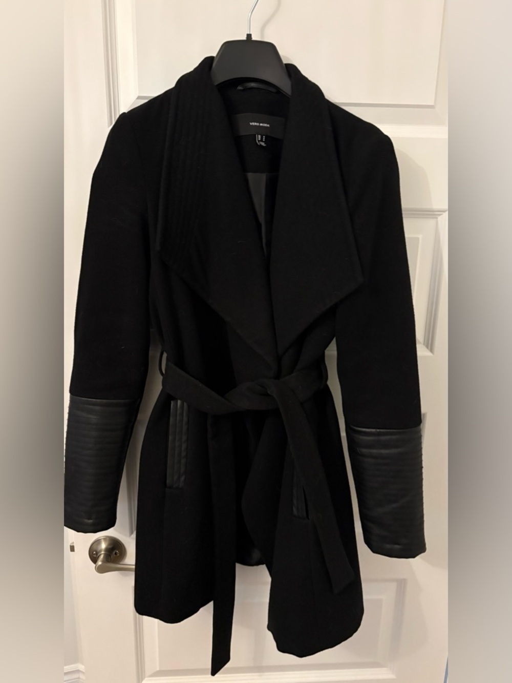 Black Belted Women's Coat with Faux-Leather